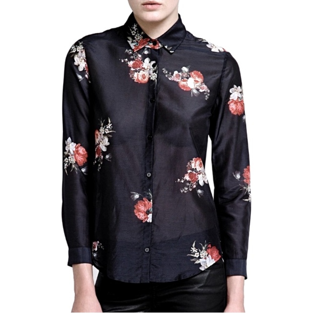 The Kooples French Black Cotton Silk Button Down Floral Blouse Size 8 Medium